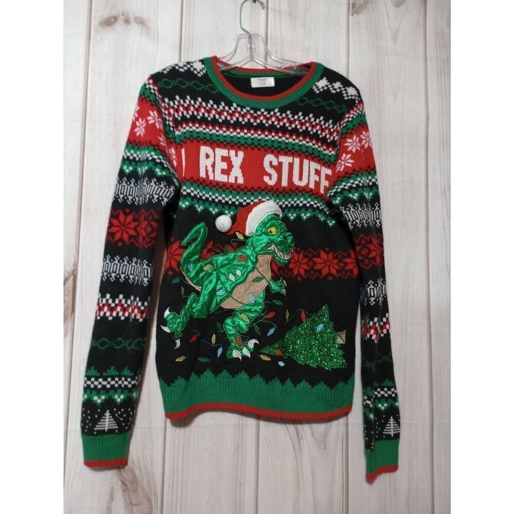 Christmas Sweater Men's Small Dinosaur Holiday Time